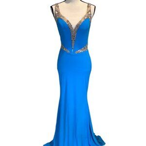 Xcite Turquoise Blue Embellished Beaded Illusion Jersey Gown Prom